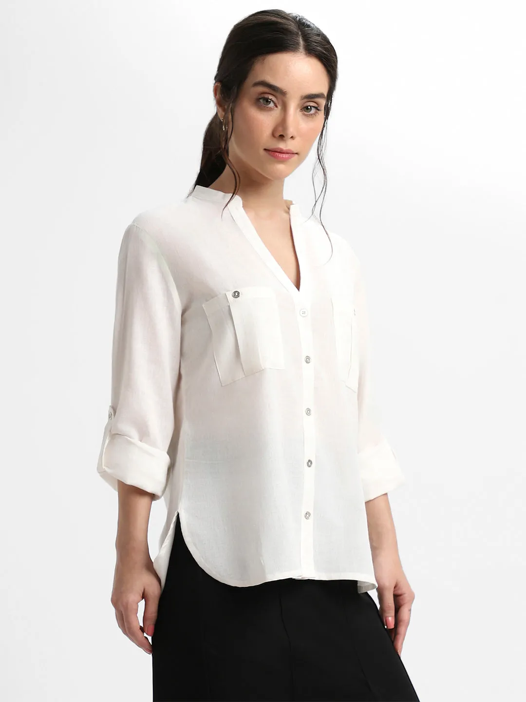 DL Woman Round Neck Regular Fit Solid Off White Top