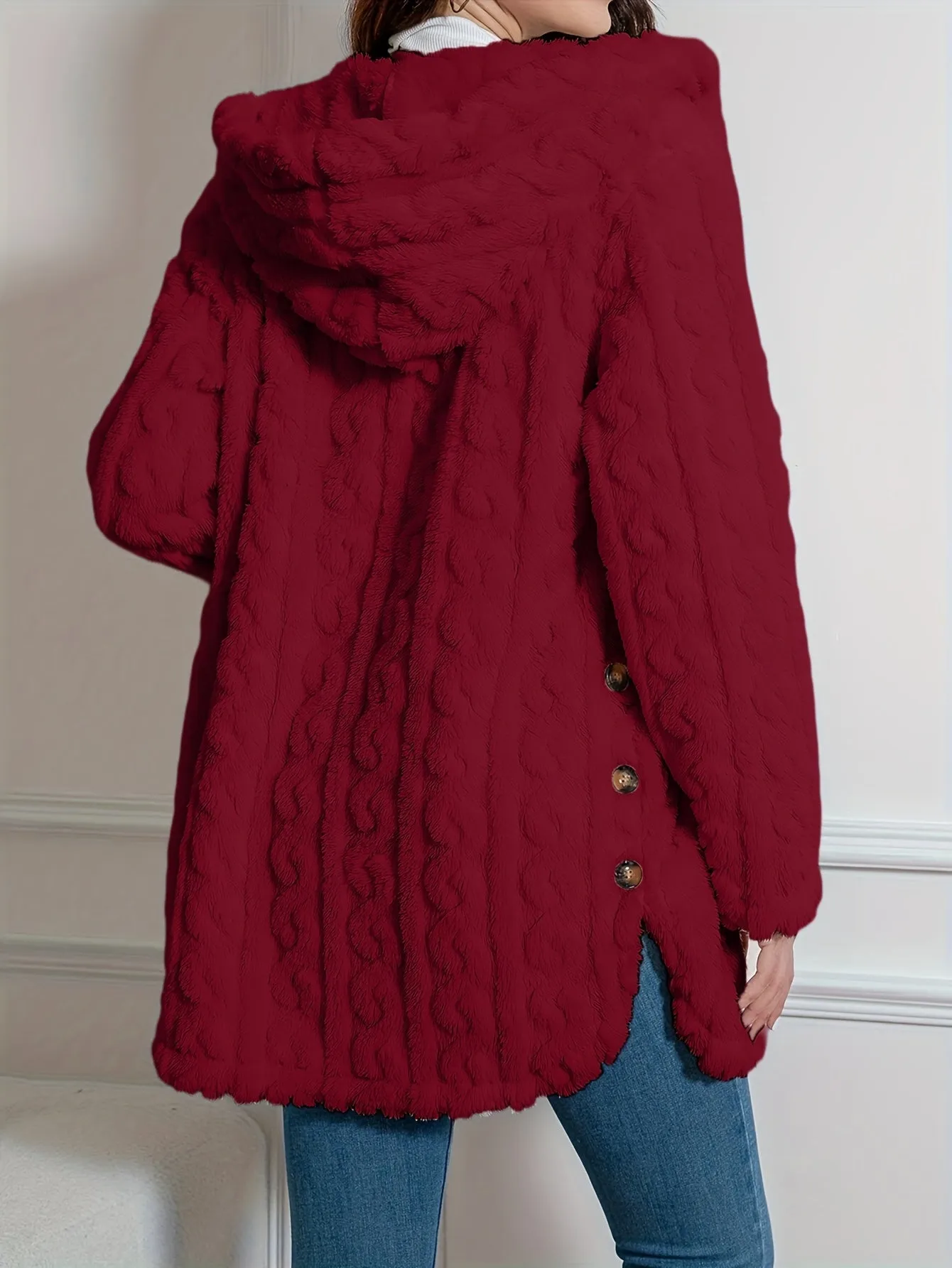 Elegant Knit Fur Coat with Hood & Double Buttons - Spring/Autumn
