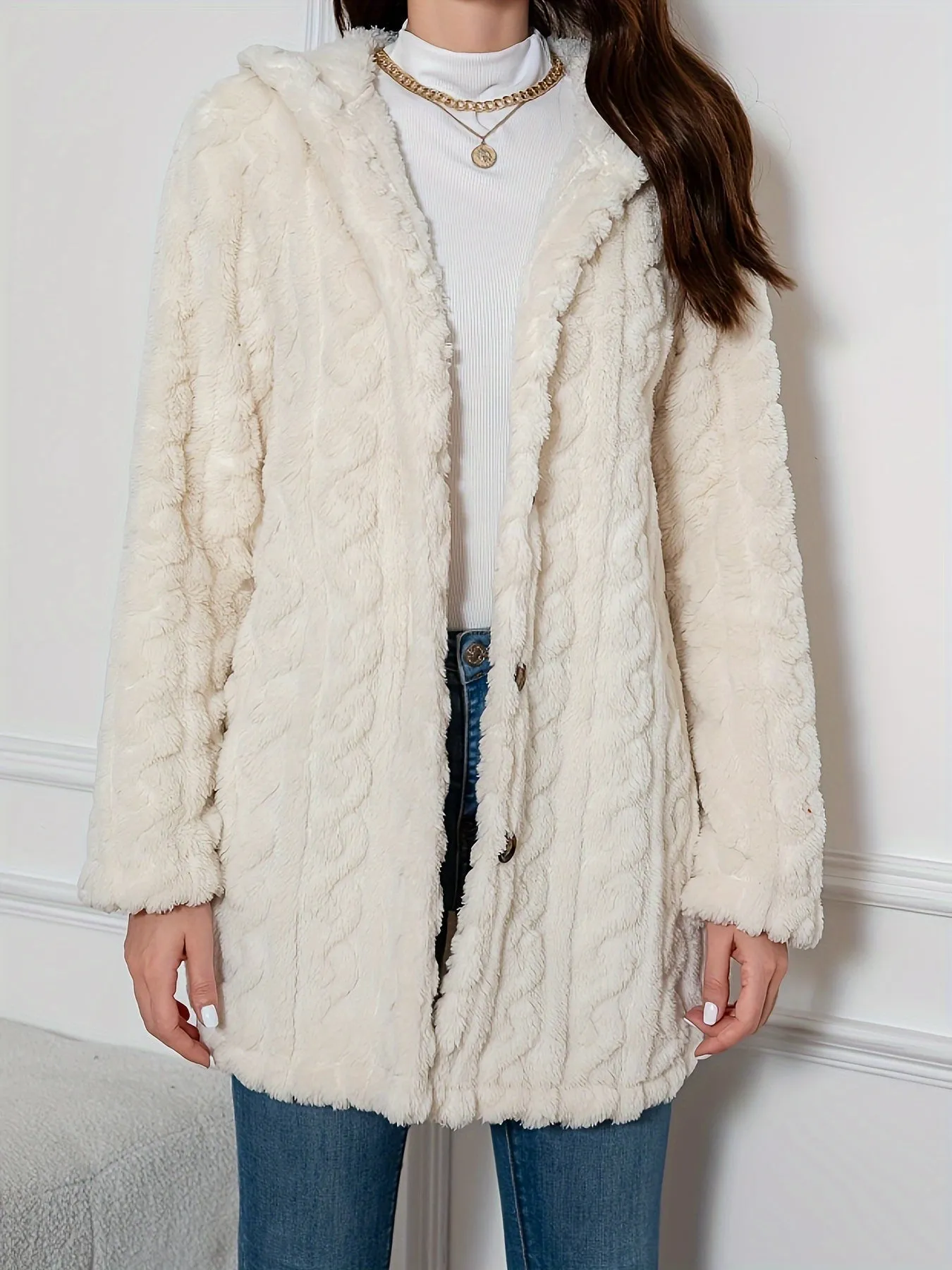 Elegant Knit Fur Coat with Hood & Double Buttons - Spring/Autumn