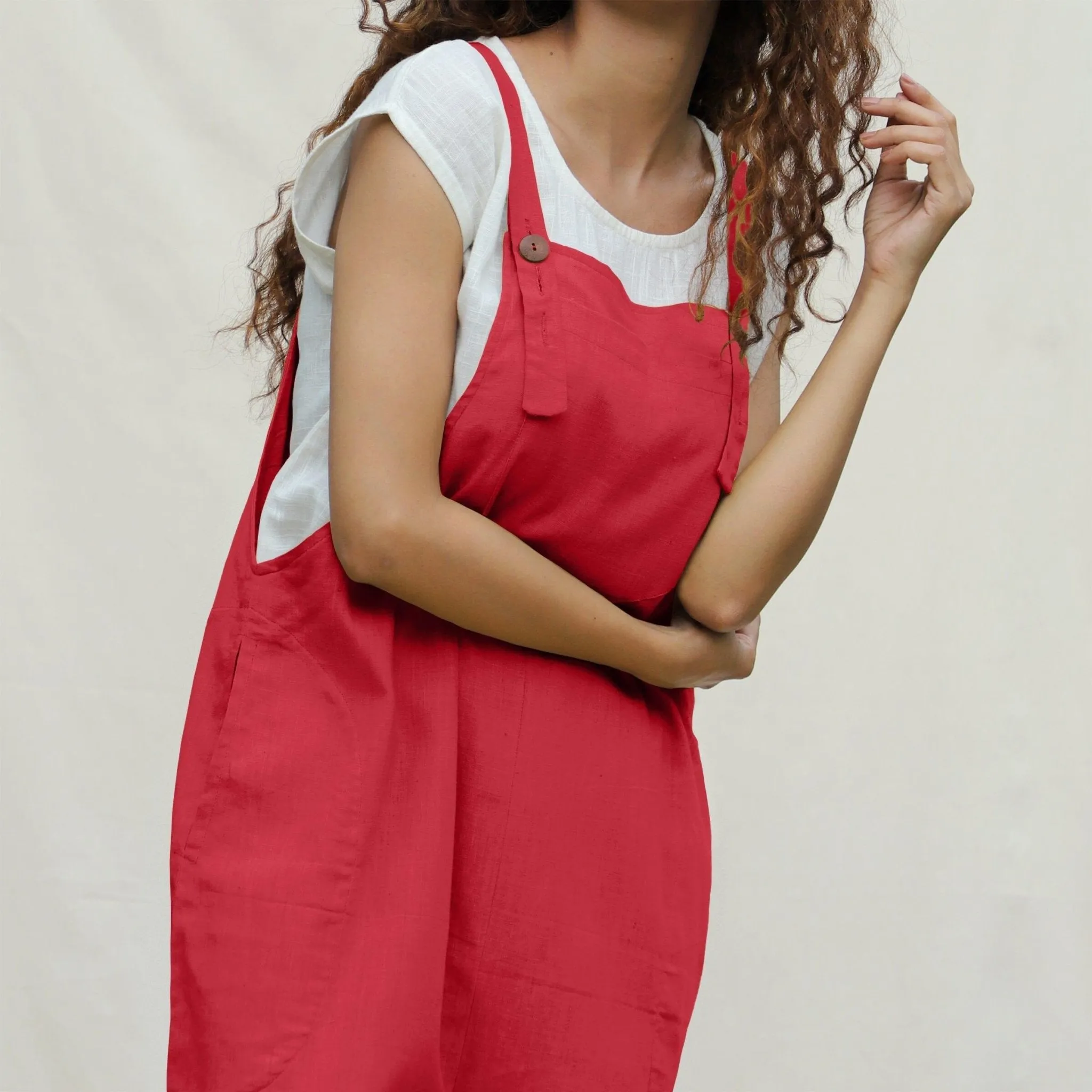 Red Vegetable Dyed Cotton Midi Dungaree Jumpsuit
